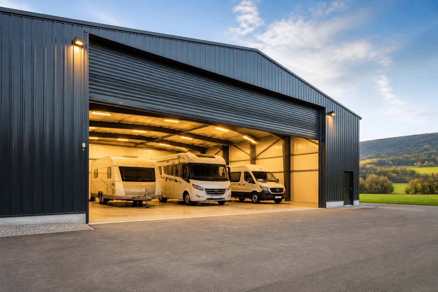 Großes Rolltor für Wohnmobile, Transporter und Anhänger an der Lagerhalle